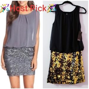 Adrianna Papell Black Gold Blouson Mini Dr…